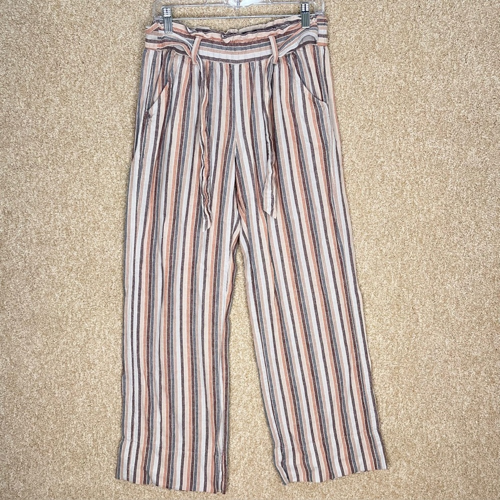 Linen blend striped pants pockets front tie stretchy bunched‎ waist medium large